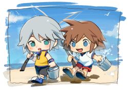 2boys aqua_eyes beach black_shorts blue_eyes boots border brown_hair bucket child fishing_rod grey_hair hair_between_eyes highres holding holding_bucket holding_fishing_rod kingdom_hearts kingdom_hearts_3d_dream_drop_distance male_focus multiple_boys neku_646611 ocean open_mouth red_shorts riku_(kingdom_hearts) sand sandals shirt short_hair short_sleeves shorts sleeveless sleeveless_shirt smile sora_(kingdom_hearts) spiked_hair white_border white_shirt yellow_shirt
