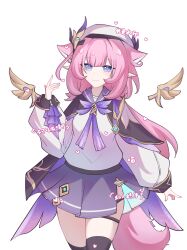 absurdres alternate_costume animal_ears black_thighhighs blue_eyes breasts cat_ears cat_tail chinese_commentary commentary_request du_li elysia_(honkai_impact) hair_ornament hat highres honkai_(series) honkai_impact_3rd long_hair pink_hair pointy_ears purple_skirt shirt simple_background skirt smile tail thigh_strap thighhighs thighs very_long_hair white_background white_hat white_shirt