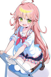 1girl ahoge boots brown_boots full_body green_eyes highres long_hair miniskirt neckerchief nukigee_mitai_na_shima_ni_sunderu_watashi_wa_dou_surya_ii_desu_ka? omochishiki open_mouth pink_hair pleated_skirt red_neckerchief shirt short_sleeves skirt solo thighhighs very_long_hair watarai_hinami white_background white_shirt white_thighhighs