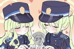 3girls black_hat blue_archive chibi chibi_only gloves green_hair hat heart highres hikari_(blue_archive) meng_yin multiple_girls nozomi_(blue_archive) pointy_ears twitter upper_body white_gloves