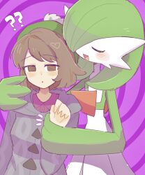1girl @_@ blush bob_cut brown_eyes brown_hair cardigan closed_eyes gardevoir gen_3_pokemon gloria_(pokemon) green_hat grey_cardigan han0579 hat highres holding hood hooded_cardigan hypnosis jacket long_sleeves mind_control nintendo open_mouth pokemon pokemon_(creature) pokemon_swsh shirt short_hair tam_o&#039;_shanter upper_body