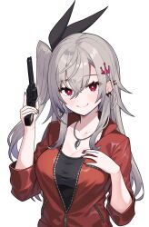 1girl absurdres black_shirt claire_redfield claire_redfield_(cosplay) cosplay crown_hair_ornament grey_hair gun hand_on_own_chest highres hirayu721 holding holding_gun holding_weapon hololive hololive_dev_is isaki_riona jacket leather leather_jacket long_hair multicolored_nails one_side_up red_eyes shirt smile virtual_youtuber weapon white_background