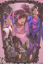 Rule 34 | 1girl, asymmetrical hair, barefoot, black hair, bra, candy, clothes hanger, collar, edwin huang, food, food in mouth, han juri, heterochromia, holding, holding clothes hanger, holding unworn clothes, lollipop, looking at mirror, looking at viewer, mirror, multicolored hair, see-through clothes, see-through shirt, shirt, smile, solo, spiked collar, spikes, streaked hair, street fighter, street fighter 6, street fighter iv (series), street fighter v, underwear