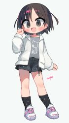 1girl animal_print artist_name bear_print black_shorts black_socks brown_eyes brown_hair clenched_hand collarbone commentary_request fang full_body grey_shirt hand_up heart heart_print highres hood hood_down hooded_jacket jacket long_sleeves medium_hair nanatsuta open_clothes open_jacket open_mouth original print_shirt print_shorts shirt shoes shorts smile sneakers socks solo standing two_side_up white_jacket white_shoes zipper_pull_tab