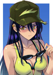 1girl absurdres baseball_cap blue_background blush border breasts cleavage closed_mouth collarbone commentary earclip green_hat gundam gundam_gquuuuuux hair_between_eyes hat highres holding holding_removed_eyewear large_breasts long_hair looking_at_viewer nyaan_(gundam_gquuuuuux) one-piece_swimsuit outside_border purple_hair sawwei005 solo sunglasses swimsuit unworn_eyewear upper_body white_border yellow_eyes yellow_one-piece_swimsuit