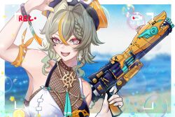 1girl armband armpits battery_indicator beach bikini blue_sky blurry blurry_background border breasts brown_hair bubble chinese_commentary commentary_request fishnets grey_eyes hair_intakes hat highres holding holding_water_gun honkai_(series) honkai_impact_3rd large_breasts looking_at_viewer m78_zaitaoaotezhanshi medium_hair multicolored_bikini multicolored_hair ocean official_alternate_costume open_mouth orange_armband orange_hair pirate_hat recording sand sky solo streaked_hair swimsuit two-tone_bikini two-tone_hair vill-v vill-v_(i&#039;m_the_storm) water_gun white_border