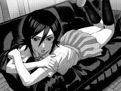 Rule 34 | 1girl, bleach, couch, feet up, female focus, greyscale, karakura high school uniform, kuchiki rukia, looking at viewer, matheu gafanhot, monochrome, on couch, school uniform, short hair, skirt, solo