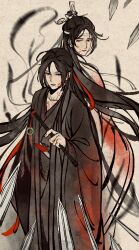 2boys absurdres ahoge black_hair black_hanfu blood blood_on_clothes blood_on_face chinese_clothes dizi flute hair_bun hair_ribbon hanfu headband highres holding holding_flute holding_instrument instrument lan_wangji long_hair long_sleeves looking_ahead looking_at_another looking_back male_focus modao_zushi multiple_boys multiple_swords open_mouth red_eyes red_ribbon ribbon standing sword tassel transverse_flute weapon wei_wuxian wei_wuxian_(yiling_laozu) white_hanfu white_headband wide_sleeves wuyi1031 xiao_guan_(headdress) yellow_eyes