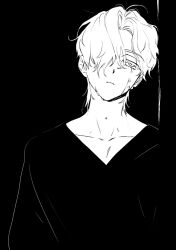 Rule 34 | 1boy, alien stage, closed mouth, commentary, english commentary, greyscale, hair over one eye, highres, light frown, looking up, lubya, luka (alien stage), male focus, monochrome, shirt, short hair, solo, upper body