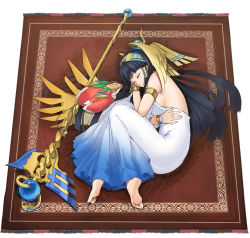 1girl armband bare_shoulders barefoot bird black_hair bracelet breasts dress eyeshadow falcon feet female_focus fetal_position full_body hairband headdress horus_(p&amp;d) isis_(p&amp;d) jewelry lipstick long_hair lots_of_jewelry lying makeup mother_and_son on_side plantar_flexion puzzle_&amp;_dragons rug shimohigashi_kanna sideboob sleeping soles solo staff toes white_dress