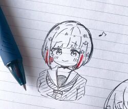 Rule 34 | 1girl, art tools in frame, ballpoint pen (medium), blush, bob cut, check commentary, choker, closed mouth, commentary request, cropped torso, diagonal bangs, dress, eighth note, greyscale, hair ornament, hasu no sora school uniform, hatching (texture), inverted bob, linear hatching, lined paper, link! like! love live!, love live!, monochrome, multicolored hair, musical note, neckerchief, o-ring, o-ring choker, pen, pen (medium), photo (medium), red hair, sailor collar, sailor dress, school uniform, short hair, simple background, smile, spot color, star (symbol), star hair ornament, streaked hair, traditional media, virtual youtuber, wataame. (rubytan 25), white background, winter uniform, yugiri tsuzuri