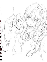 1girl blood blood_drip blood_on_hands claw_pose collared_shirt cropped_torso detached_sleeves eyelashes eyes_visible_through_hair fingernails frog_hair_ornament greyscale hair_between_eyes hair_ornament head_tilt highres kn001215 kochiya_sanae long_hair long_sleeves looking_at_viewer monochrome parted_lips photo_(medium) shirt sidelocks sketch sleeveless sleeveless_shirt solo touhou traditional_media wide_sleeves