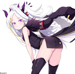 1girl ass ass_focus black_jacket black_thighhighs blue_archive breasts demon_girl demon_horns demon_wings hina_(blue_archive) horns jacket looking_at_viewer purple_eyes school_uniform simple_background small_breasts solo sseopik thigh_gap thighhighs white_background white_hair wings