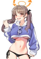 1girl bikini black_bikini blue_archive blue_hoodie blush breasts brown_hair cropped_hoodie halo highres hood hoodie large_breasts long_hair long_sleeves looking_at_viewer moe_(blue_archive) moe_(swimsuit)_(blue_archive) navel official_alternate_costume open_mouth sgmh0519 side-tie_bikini_bottom smile solo stomach swimsuit twintails underboob yellow_eyes yellow_halo