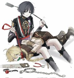 2boys aether_(genshin_impact) ahoge armor ball_gag bdsm belt black_boots black_pants black_shirt black_shorts blonde_hair blunt_ends boots braid brown_belt brown_pants brown_shirt chain collar covered_mouth duct_tape eyeshadow feet_out_of_frame gag genshin_impact gold_necklace grey_eyes grey_hair grey_socks hair_between_eyes hands_up highres holding holding_leash holding_whip japanese_armor jewelry kote kurokote leash long_hair looking_at_another lying lying_on_person makeup male_focus mandarin_collar mitsudomoe_(shape) multiple_boys necklace on_stomach one_eye_closed pants pliers red_belt red_collar red_eyeshadow saw scaramouche_(genshin_impact) shirt short_hair short_sleeves shorts shoulder_armor simple_background sitting smile socks spiked_collar spikes sweat sweatdrop teeth tlqkffhadktlqkf tomoe_(symbol) two-tone_pants white_background yaoi yellow_eyes