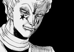 ._. 1boy absurdres black_background facepaint highres hisoka_morow hunter_x_hunter looking_down monochrome nakabe815 sketch solo upper_body