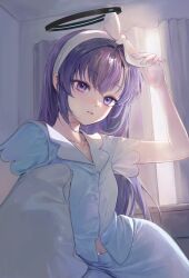 Rule 34 | 1girl, absurdres, blue archive, blue pajamas, blush, breasts, commentary, curtains, hair between eyes, halo, highres, indoors, long hair, looking at viewer, navel, pajamas, parted lips, pillow, purple eyes, purple hair, short sleeves, small breasts, solo, tanna, white background, window, yuuka (blue archive), yuuka (pajamas) (blue archive)