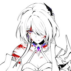 1girl acheron_(honkai:_star_rail) bandages black_choker black_gloves blood blood_on_face choker closed_mouth detached_sleeves earrings gloves hair_ornament hair_over_one_eye highres honkai:_star_rail honkai_(series) jewelry long_hair partially_colored purple_eyes ryona sen_jin_chen single_bare_shoulder single_earring solo white_background