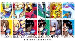 Rule 34 | 4girls, 5boys, black dress, black eyes, black hair, blonde hair, blue fire, blue hair, brown eyes, brown hair, brown sweater, card, cendrillmon, character name, close-up, close (digimon), collarbone, copyright name, covered eyes, dark-skinned male, dark skin, digimon, digimon card game, digimon liberator, diti (selecta), dragon, dress, everyone, fire, forehead jewel, ghost, glasses, green eyes, green helmet, grey hair, helmet, helmet over eyes, highres, holding, holding card, kazama shoto, kinosaki arisa, long hair, medusamon, mole, mole under eye, multiple boys, multiple girls, necromon, owen dreadnought, partially shaded face, purple eyes, pyramidimon, ryugumon, short hair, smile, sweater, trading card, violet inboots, yao qinglan, zephagamon