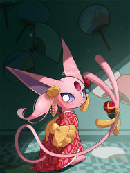 absurdres blush bright_pupils closed_mouth clothed_pokemon espeon espeon_(pokebuki) forked_tail gen_2_pokemon grey_eyes highres japanese_clothes kashiwa_gnu kimono looking_at_viewer looking_back nintendo no_humans pokemon pokemon_(creature) pokemon_unite red_kimono sitting smile solo tail white_pupils
