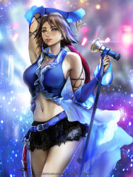 1girl artist_name belt black_skirt blue_eyes blue_shirt breasts brown_hair cowboy_shot crop_top detached_sleeves deviantart_username emerald-weapon female_focus final_fantasy final_fantasy_x final_fantasy_x-2 green_eyes heterochromia highres holding holding_microphone jewelry long_hair medium_breasts microphone midriff navel necklace official_alternate_costume parted_lips ponytail shirt showgirl_skirt skirt solo sparkle square_enix standing very_long_hair watermark web_address yuna_(ff10)