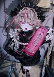 Rule 34 | 1girl, abandoned, alternate costume, black headdress, black jacket, black nails, black shoes, black socks, blonde hair, blush, bottomless, can, chest harness, commentary, condenser unit, cross, cross hair ornament, drinking straw, empty eyes, energy drink, fang, flat chest, foreshortening, frilled headwear, frills, from above, graffiti, hair intakes, hair ornament, hairclip, hand on own hip, harness, headdress, heart, heart hair ornament, highres, holding, holding can, jacket, jersey, jewelry, latin cross, leg tattoo, long hair, looking at viewer, makaino ririmu, monster energy, multiple rings, nijisanji, open mouth, outdoors, pink eyes, pink streaks, ring, shoes, silver ring, sleeves past wrists, smile, socks, solo, spiked, symbol-only commentary, tattoo, twitter username, virtual youtuber, watermark, xdoxa89