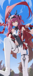 1girl absurdres bare_shoulders boots breasts brown_eyes cloak cloud cloudy_sky commentary duplicate grin heattech_leotard highres holding holding_weapon leotard llami_0 long_hair looking_at_viewer lupa_(wuthering_waves) medium_breasts pantyhose pixel-perfect_duplicate purple_hair skindentation sky smile tacet_mark_(wuthering_waves) teeth thigh_boots thigh_strap turtleneck twintails weapon white_boots white_pantyhose wuthering_waves