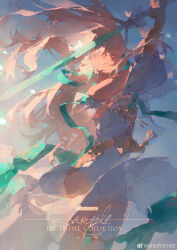 1girl aqua_ribbon asymmetrical_sleeves beads blue_eyes blue_sky bracer brown_hair chinese_commentary circle_skirt closed_mouth colored_eyelashes commission cowboy_shot crossed_bangs dress expressionless feise_de_dalieba floating_clothes floating_hair flower gold_necklace hair_beads hair_between_eyes hair_flower hair_ornament hair_ribbon highres holding holding_sword holding_weapon jewelry light_particles long_hair long_sleeves necklace original outdoors puffy_long_sleeves puffy_sleeves ribbon sample_watermark see-through_clothes see-through_sleeves short_dress short_sleeves side_slit single_bare_shoulder sky solo sunlight sunrise sword watermark weapon weibo_watermark white_dress white_flower
