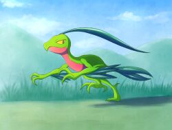 Rule 34 | blue sky, cloud, colored sclera, colored skin, day, gen 3 pokemon, grass, green skin, grovyle, highres, introvertnacho, multicolored skin, nintendo, no humans, outdoors, pokemon, pokemon (creature), red skin, running, sky, solo, two-tone skin, yellow sclera