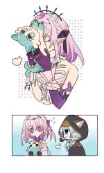 2girls animal animal_hug beibc_eee black_hoodie blush castorice_(honkai:_star_rail) chimera_(honkai:_star_rail) cipher_(honkai:_star_rail) crown dress flower hair_flower hair_ornament highres honkai:_star_rail honkai_(series) hood hoodie multiple_girls simple_background smile sweat white_background white_dress