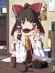 1girl ascot bow brown_hair calendar_(object) commentary_request cup detached_sleeves eating food frilled_bow frilled_hair_tubes frills hair_bow hair_tubes hakurei_reimu highres indoors interlocked_fingers inuno_rakugaki long_hair looking_at_viewer mouth_hold own_hands_together red_bow red_eyes ribbon-trimmed_sleeves ribbon_trim senbei solo steam teapot touhou trash_can yellow_ascot yunomi