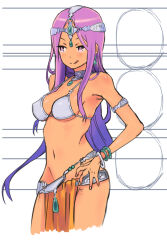 1girl armlet armor bare_shoulders bikini_armor bracelet breasts circlet cleavage cropped_legs dancer dark-skinned_female dark_skin dragon_quest dragon_quest_iv forehead_jewel gem green_gemstone hand_on_own_hip highres jewelry licking_lips loincloth long_hair manya_(dq4) metal_belt metal_bikini metal_bra multiple_bracelets neck_ring niwa_tuki ootsuka_shin&#039;ichirou_(style) parody parted_bangs pelvic_curtain purple_eyes purple_hair smile solo style_parody tongue tongue_out