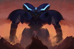 Rule 34 | armor, blue armor, bug (getter robo arc), building, damaged, getter arc, getter robo, getter robo arc, giant, glowing, glowing eyes, highres, ll2759339, looking at another, looking down, mecha, mecha focus, neon trim, orange sky, outdoors, robot, ruins, science fiction, sky, solo focus, super robot, yellow eyes