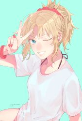 Rule 34 | 1girl, aisu (shipposama), aqua background, blonde hair, blue eyes, bracelet, braid, fang, fate/grand order, fate (series), hand up, highres, jewelry, looking at viewer, medium hair, mordred (fate), one eye closed, ponytail, red nails, red scrunchie, scrunchie, shirt, sidelocks, simple background, sitting, skin fang, smile, solo, teeth, thighs, twitter username, upper body, v, white shirt