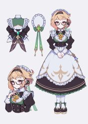 1girl alternate_costume aqua_gemstone ascot black-framed_eyewear black_bow black_bowtie black_dress black_hairband blonde_hair bow bowtie breasts closed_mouth commentary_request dress emilie_(genshin_impact) enmaided frilled_hairband frills full_body gem genshin_impact glasses gradient_hair hairband hand_up highres large_breasts light_smile long_sleeves looking_at_viewer maid maid_headdress multicolored_hair multiple_views own_hands_together pink_hair puffy_long_sleeves puffy_sleeves purple_eyes semi-rimless_eyewear sikaku simple_background standing twitter_username white_dress white_hairband yellow_ascot