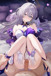 1boy 1girl blue_eyes breasts censored commentary_request completely_nude dress erection grabbing_another&#039;s_ankles halo head_wings heart hetero high_heels highres honkai:_star_rail honkai_(series) imminent_penetration long_hair mosaic_censoring no_panties nude on_bed paid_reward_available penis robin_(honkai:_star_rail) smile welo white_dress white_hair wings