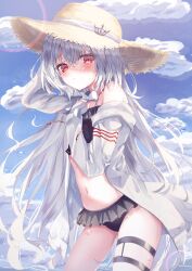 1girl absurdres bikini bikini_skirt black_bikini blue_sky blush closed_mouth cloud cloudy_sky coat commentary_request crown_hat_ornament frilled_bikini frills frown grey_hair hair_between_eyes hair_over_shoulder hand_on_own_chest hand_up hat hat_ornament highres long_hair long_sleeves looking_at_viewer mashilon navel necktie ocean outdoors red_eyes ribbon ryogoku_tsukasa single_bare_shoulder single_off_shoulder sky sleeves_past_wrists specialite_(company) standing straw_hat sunlight swimsuit swimsuit_under_clothes thigh_strap very_long_hair wet wet_clothes wet_swimsuit white_coat white_hair white_ribbon