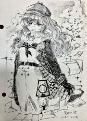 Rule 34 | 1girl, absurdres, again nuo, artist name, cloud, coat, dated, dress, flying paper, gloves, graphite (medium), greyscale, half-closed eyes, hat, highres, lantern, long dress, long hair, looking at viewer, marcus (reverse:1999), monochrome, neckerchief, newsboy cap, paper, reverse:1999, scarf, signature, simple bird, smile, solo, sparkle, traditional media, upper body