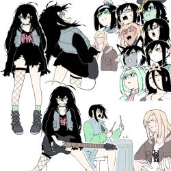 1boy 6+girls ahoge air_guitar anger_vein animal_ears black_boots black_eyes black_hair black_mask blank_eyes blonde_hair blue-framed_eyewear blue_hairband blue_vest boots clenched_teeth closed_eyes colored_sclera colored_skin commentary crazy_eyes crazy_grin crazy_smile cropped_vest drumsticks electric_guitar english_commentary expressionless fishnet_thighhighs fishnets fox_ears furry furry_female glasses goggles goggles_around_neck green_hair green_skin grin guitar hairband hat high-waist_skirt highres holding holding_drumsticks instrument jiangshi mask_pull medium_hair military_hat mini_hat miniskirt multicolored_hair multiple_girls multiple_persona music ofuda open_mouth original piercing pink-framed_eyewear pink_hair playing_instrument qingdai_guanmao robot_girl roots_(hair) sidelocks single_thighhigh sitting skirt sleeves_past_fingers sleeves_past_wrists smile star_(symbol) star_hairband sticker_on_face stool sweat sweatdrop symbol-shaped_pupils teeth thighhighs tiara tongue_piercing torn_clothes torn_skirt trash_can vest white_hair x-shaped_pupils yblndr yellow_eyes yellow_sclera