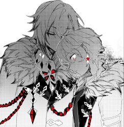 1boy 1girl aether_(genshin_impact) arlecchino_(genshin_impact) artist_request bad_id bad_lofter_id bad_source closed_eyes coat fur-trimmed_coat fur_trim genshin_impact implied_forehead_kiss implied_kiss multicolored_hair red_pupils streaked_hair symbol-shaped_pupils white_background white_hair x-shaped_pupils