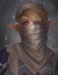1girl artist_request bandages blonde_hair braid dark-skinned_female dark_skin female_focus long_hair looking_at_viewer nintendo pointy_ears red_eyes reverse_trap sheik simple_background solo surcoat the_legend_of_zelda the_legend_of_zelda:_ocarina_of_time turban veil