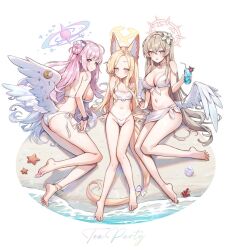 3girls alternate_costume angel_wings animal_ears anklet arm_support ass barefoot beach bikini blonde_hair blue_archive blush bow braid breasts cleavage closed_mouth commentary coral crossed_bangs crown_braid cup drinking_straw english_text feathered_wings feet flower forehead fox_ears fox_girl front-tie_bikini_top front-tie_top glass gradient_eyes hair_between_eyes hair_bun hair_flower hair_ornament hair_scrunchie halo holding holding_cup jewelry large_breasts legs long_hair looking_at_viewer mika_(blue_archive) multicolored_eyes multiple_girls nagisa_(blue_archive) navel ocean open_mouth orange_eyes outdoors parted_bangs picter pink_hair sand sarashi scrunchie seia_(blue_archive) side-tie_bikini_bottom sideboob single_side_bun sitting small_breasts smile soles starfish stomach swimsuit symbol-only_commentary tail tail_bow tail_ornament tea_party_(blue_archive) thighs toes tropical_drink very_long_hair water white_bikini white_bow white_wings wing_ornament wings yellow_eyes