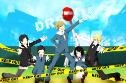 Rule 34 | 1girl, 4boys, bad id, bad pixiv id, caution tape, durarara!!, hare hare yukai, heiwajima shizuo, keep out, kida masaomi, monori (tomomin splae), multiple boys, ono daisuke, orihara izaya, parody, ryuugamine mikado, sonohara anri, suzumiya haruhi no yuuutsu, voice actor connection