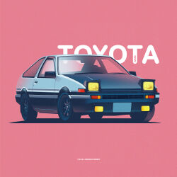 absurdres artist_name car highres no_humans original pop-up_headlights red_background shadow toyota toyota_sprinter_trueno vehicle_focus vehicle_name white_car yuliia_lobodiuchenko