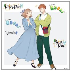 1boy 1girl animification bow brown_hair character_name contemporary copyright_name dress full_body hair_bow happy looking_at_viewer meecosme open_mouth pointy_ears short_hair short_sleeves smile walt_disney&#039;s_peter_pan wendy_darling