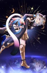 1girl absurdres animal_ear_fluff animal_ears animal_hood bent_over black_leotard boots breasts cat_ears cat_girl cat_hood cat_tail cipher_(honkai:_star_rail) commentary crescent_moon english_commentary from_behind gold_boots grey_hair highres hollow_mimikyu honkai:_star_rail honkai_(series) hood hooded_leotard leotard medium_breasts moon reflection short_hair solo star_(sky) tail thigh_boots twitter_username