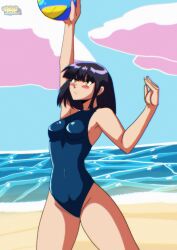 1girl absurdres arm_up artist_logo ball beach black_hair black_one-piece_swimsuit blush_stickers breasts chronic_joker cloud cloudy_sky commentary day english_commentary harukana_receive highres logo one-piece_swimsuit outdoors sky solo swimsuit tooi_narumi volleyball_(object) water