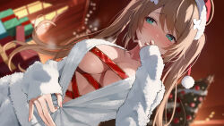1girl absurdres alternate_hair_length alternate_hairstyle aogiri_koukou aqua_eyes averting_eyes blush breasts brown_hair christmas christmas_tree cleavage dutch_angle fur-trimmed_headwear fur_jacket fur_trim hair_ornament hand_to_own_mouth hat highres indoors jacket kkix25 kurikoma_komaru large_breasts long_hair long_sleeves red_ribbon ribbon santa_hat solo twintails unzipping virtual_youtuber white_jacket