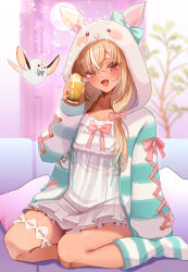 1girl :d absurdres animal_hood blonde_hair blurry blurry_background bow chest_bow commentary_request couch cross-laced_clothes cross-laced_sleeves cup dark-skinned_female dark_skin dress drink elf empire_waist frilled_dress frills full_body fur_jacket green_socks hair_over_shoulder highres hinoki_kahun0 holding holding_cup hololive hood indoors jacket kneehighs long_hair looking_at_viewer low_twintails multicolored_hair no_shoes official_alternate_costume on_couch open_mouth orange_eyes pink_bow plant pointy_ears potted_plant shiranui_flare shiranui_flare_(loungewear) short_dress sitting sleeves_past_wrists smile socks solo streaked_hair striped_clothes striped_jacket striped_socks thigh_strap twintails virtual_youtuber white_dress white_hair