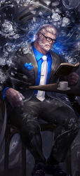 1boy arm_support bandaged_fingers bandages beard belt belt_buckle bespectacled black-framed_eyewear black_jacket black_pants black_shoes blue_eyes blue_shirt book buckle chair collared_shirt cup disposable_cup dress_shirt facial_hair flower formal_clothes glasses highres holding holding_book jacket luerstine male_focus manly mustache neckerchief necktie nose old old_man open_book open_clothes open_jacket overwatch overwatch_1 pants plate reading reinhardt_(overwatch) rose scar scar_across_eye scar_on_face shirt shoes short_hair sitting solo suit table teacup tie_clip white_flower white_hair white_necktie white_rose